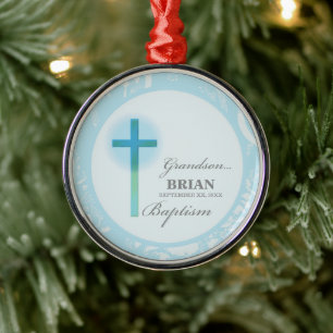 Grandson Baptism Blue Lace Personalised Metal Ornament
