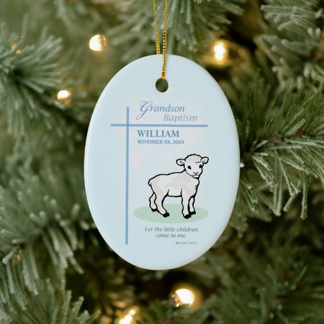 Grandson Baptism Blue Lamb Personalised Ceramic Ornament (Tree)