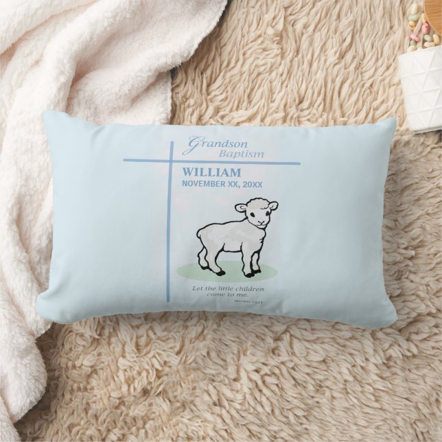 Grandson Baptism Blue Lamb Personalised Lumbar Cushion (Blanket)