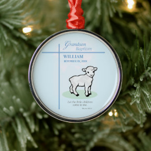 Grandson Baptism Blue Lamb Personalised Metal Ornament