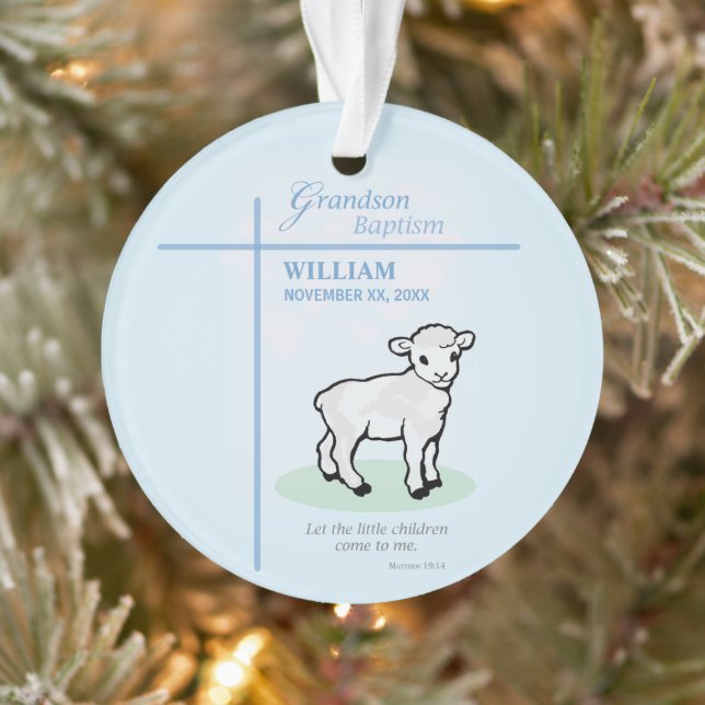 Grandson Baptism Blue Lamb Personalised Ornament (Tree)