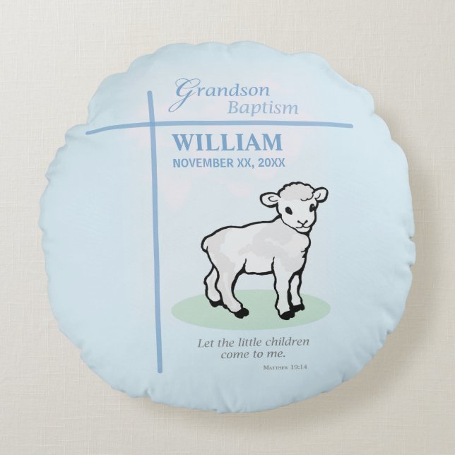 Grandson Baptism Blue Lamb Personalised Round Cushion (Front)