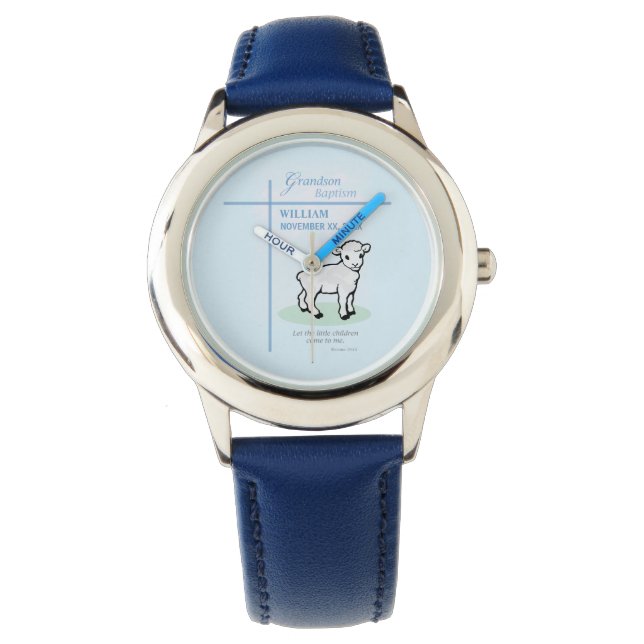 Grandson Baptism Blue Lamb Personalised Watch (Front)