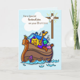 Grandson Baptism Card with Noah's Ark, Blue