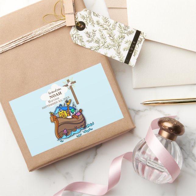 Grandson Baptism Noah's Ark Personalised Rectangular Sticker (Gifting)