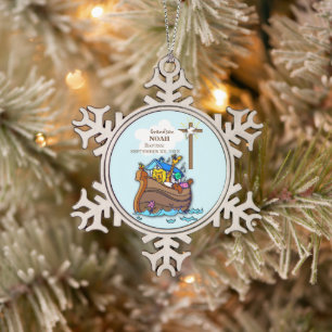 Grandson Baptism Noah's Ark Personalised Snowflake Pewter Christmas Ornament