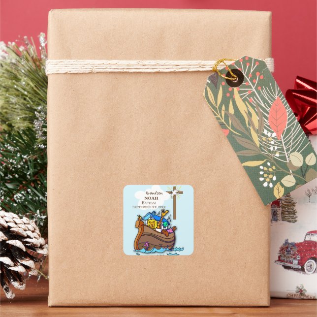 Grandson Baptism Noah's Ark Personalised Square Sticker (Holiday)