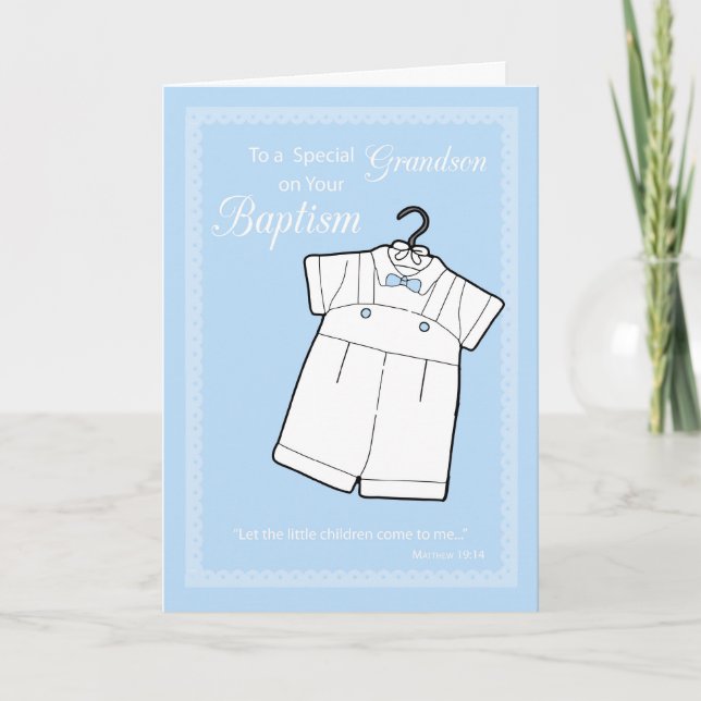 Grandson, Baptism Suit on Baby Blue Card (Front)