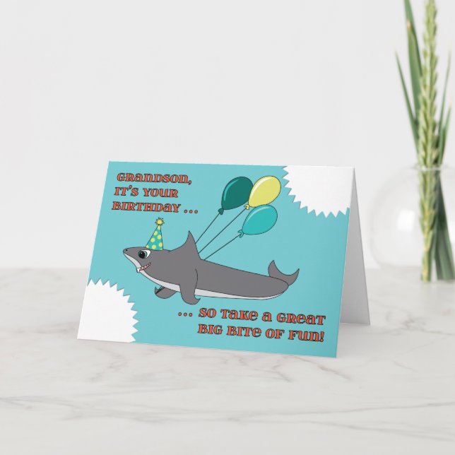 Grandson Big Shark Bite Happy Birthday Card (Front)
