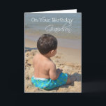 Grandson Birthday, Boy on the Beach Card<br><div class="desc">A birthday card for a Grandson with a photo of a little dark haired boy with bright blue shorts on sitting in the sand at the beach with water a little away.</div>