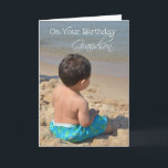 Grandson Birthday, Boy on the Beach Card<br><div class="desc">A birthday card for a Grandson with a photo of a little dark haired boy with bright blue shorts on sitting in the sand at the beach with water a little away.</div>