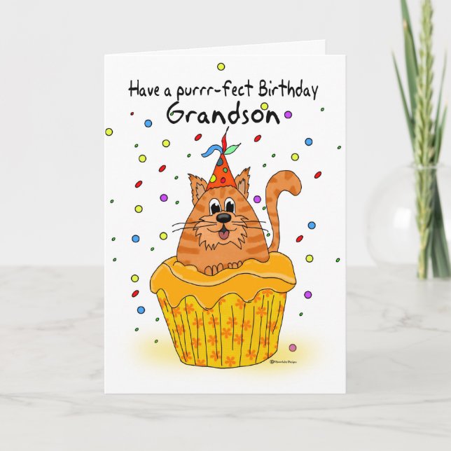 grandson birthday card with ginger cupcake cat (Front)