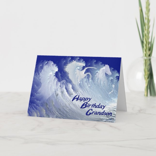 Grandson birthday card with white horses (Front)