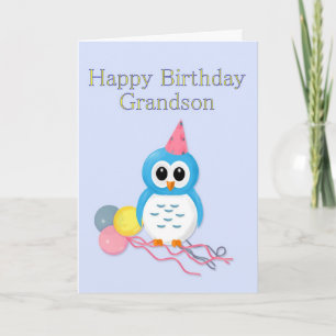 Grandson Birthday Cartoon Owl and Balloons Card