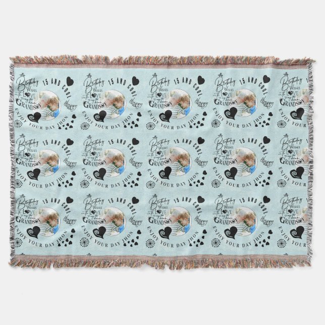 Grandson Birthday Custom Photo Minimalist Throw Blanket (Front)