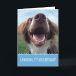 Grandson Birthday, Happy Dog with Big Smile Card<br><div class="desc">Celebrating a birthday is something to smile about,  and this happy dog will bring a big smile to your grandson's face. This adorable,  carefree pup is a brown and white spaniel who was rescued from the shelter. She now enjoys green grass,  blue skies and many happy birthdays.</div>