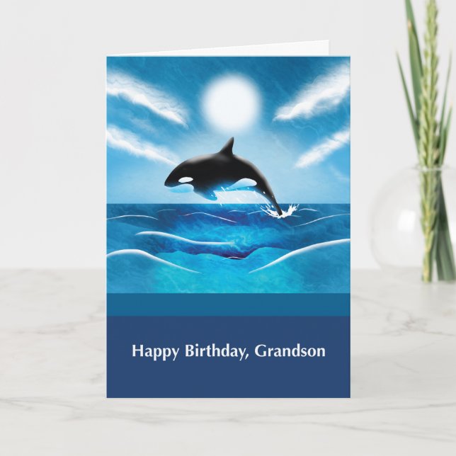Grandson Birthday with Orca Whale in Ocean Card (Front)