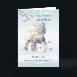 Grandson Blue Christmas Snowman Holiday Card<br><div class="desc">Christmas card with blue little snowman,  silver pine twig and bauble.</div>