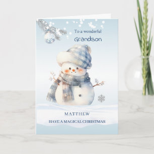 Grandson Blue Christmas Snowman Holiday Card