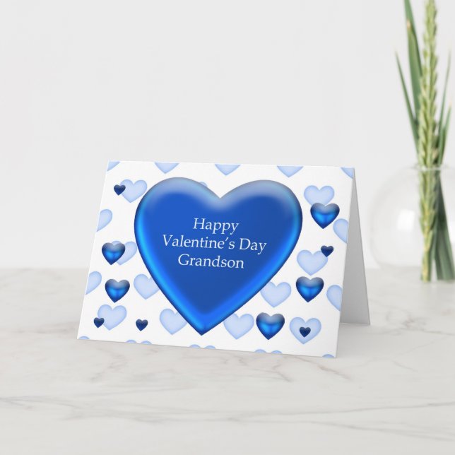 Grandson Blue Heart Valentine Holiday Card (Front)
