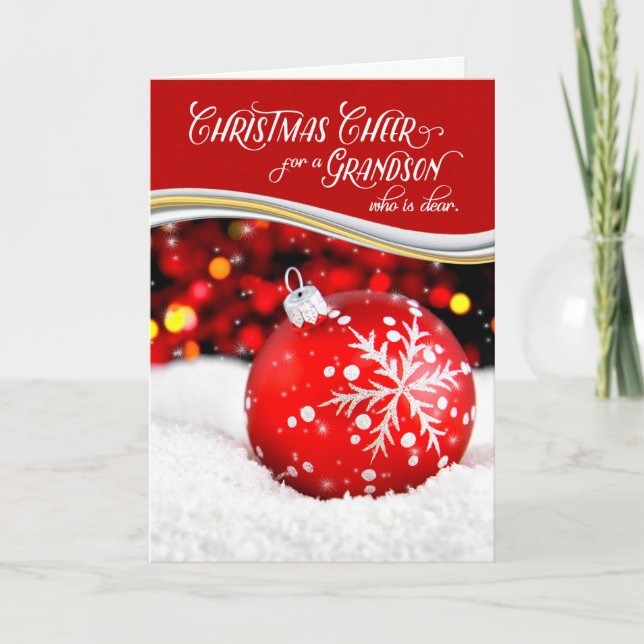 Grandson Christmas Cheer Red Ornament Holiday Card (Front)