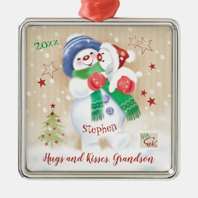 Grandson, Christmas Snow Boy Hugs Puppy Metal Ornament (Front)