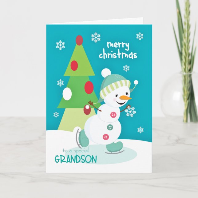 Grandson Christmas Snowman Ice Skating Holiday Card (Front)