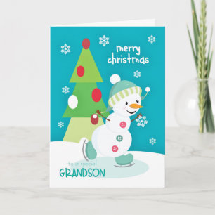 Grandson Christmas Snowman Ice Skating Holiday Card