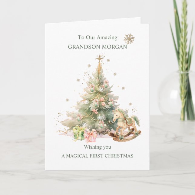 Grandson Christmas Tree Rocking Horse Nutcracker Card (Front)