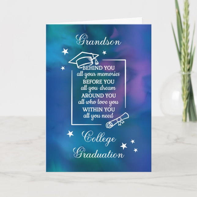 Grandson College Graduation Quote Blue Watercolor Card (Front)