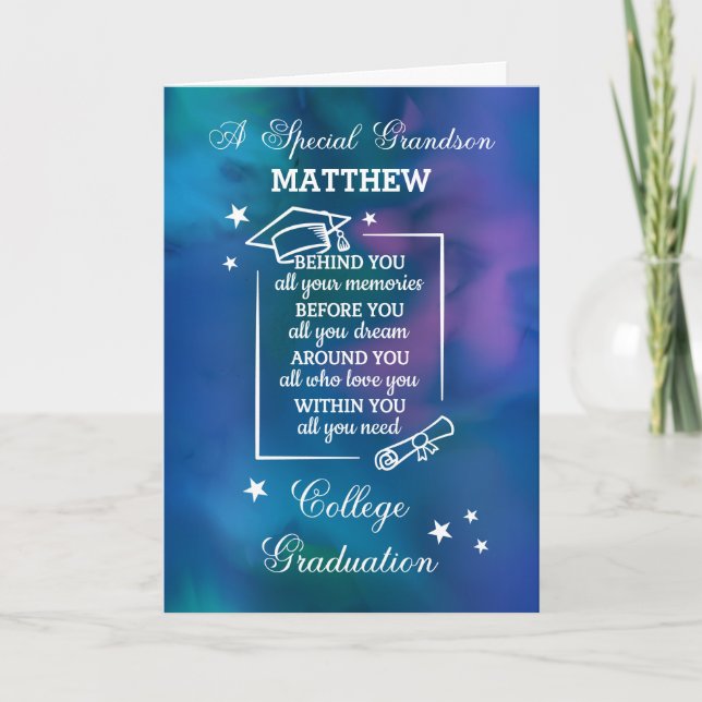 Grandson College Graduation Quote Blue Watercolor Card (Front)