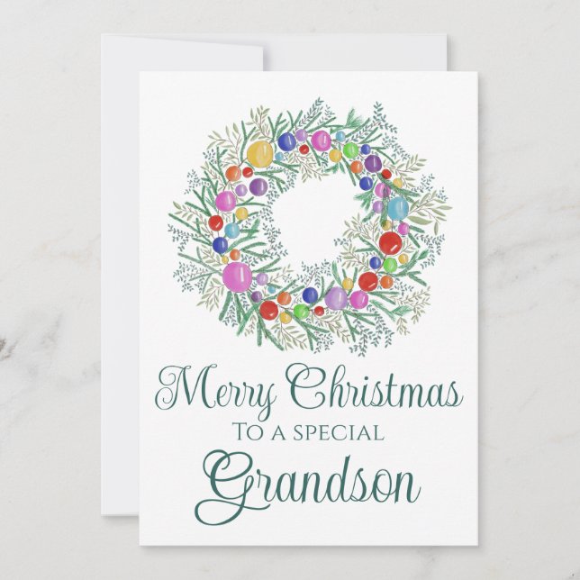 Grandson colourful Christmas Wreath Holiday Card (Front)