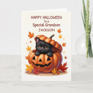 Grandson Custom Name Halloween Cute Black Cat Card