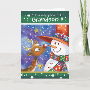 Grandson, Cute Reindeer and Snowman Holiday Card
