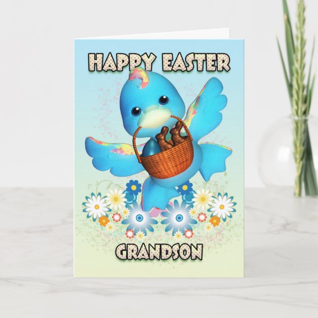 Grandson Easter Card - Cute Duck With Basket Of Tr (Front)