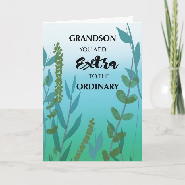 Grandson Extra Ordinary Birthday Green Blue Foliag Card (Front)