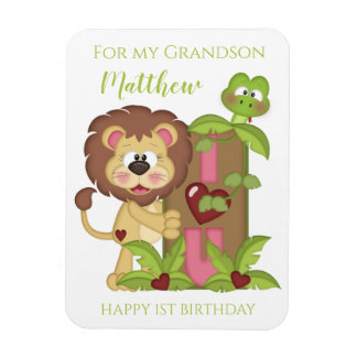 Grandson First Birthday Cute Lion Photo Card Magnet