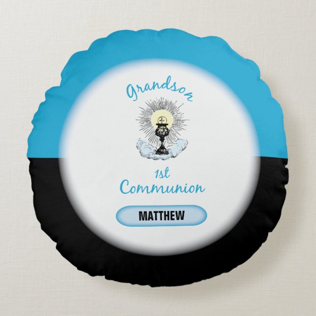 Grandson First Communion, Blue Cup Round Cushion (Front)