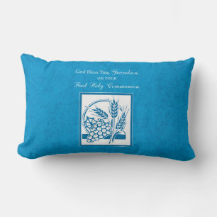 Grandson First Communion Blue, Wheat, Grapes Lumbar Cushion
