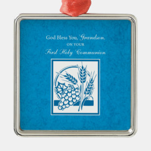 Grandson First Communion Blue, Wheat, Grapes Metal Ornament