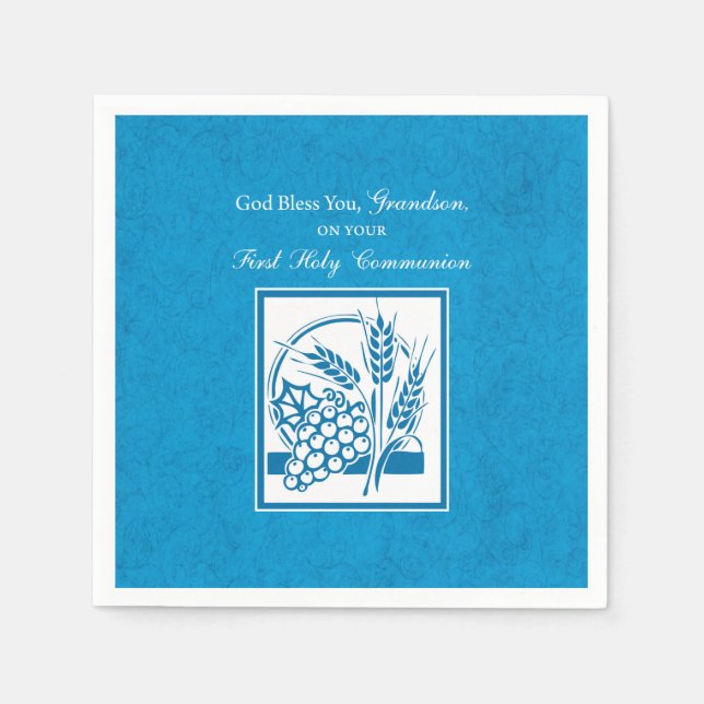 Grandson First Communion Blue, Wheat, Grapes Napkin (Front)