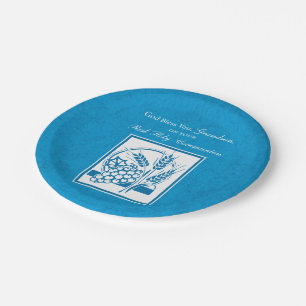 Grandson First Communion Blue, Wheat, Grapes Paper Plate