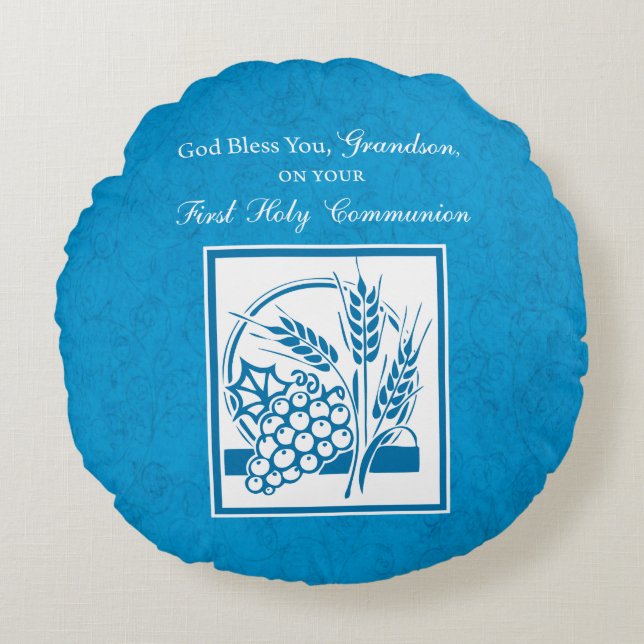 Grandson First Communion Blue, Wheat, Grapes Round Cushion (Front)