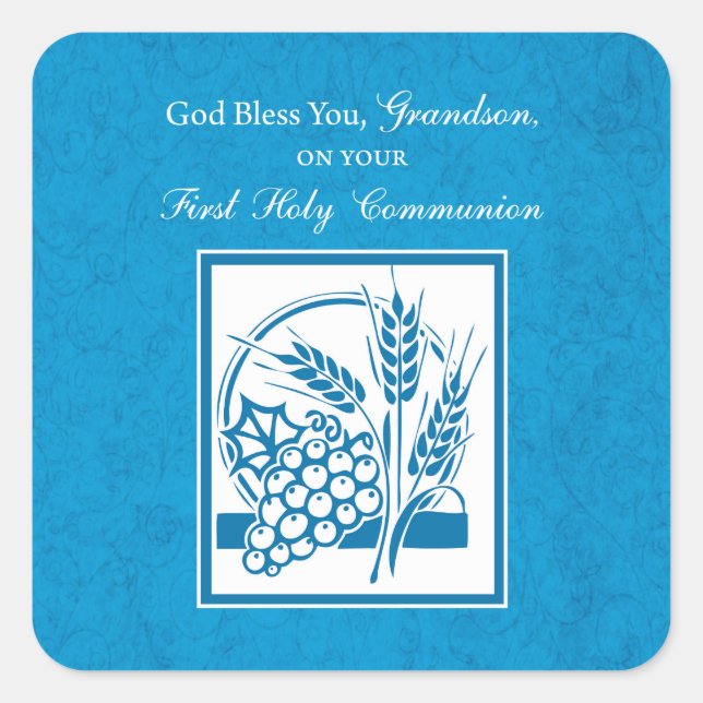Grandson First Communion Blue, Wheat, Grapes Square Sticker (Front)