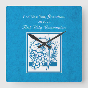 Grandson First Communion Blue, Wheat, Grapes Square Wall Clock