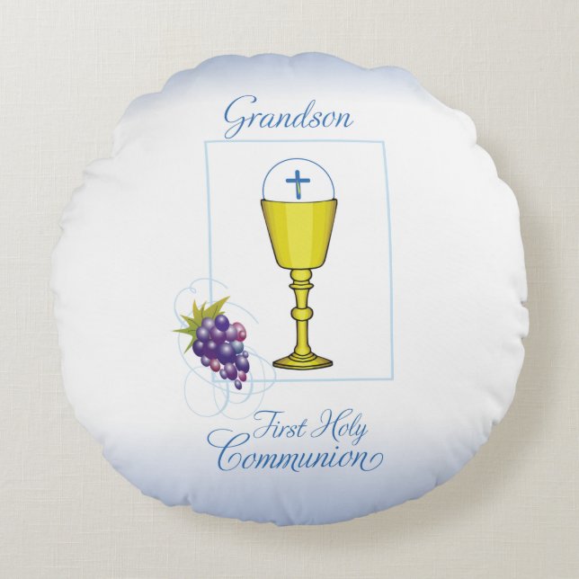 Grandson First Communion, Chalice with Host Round Cushion (Front)