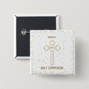 Grandson First Holy Communion Gold Look Cross 15 Cm Square Badge