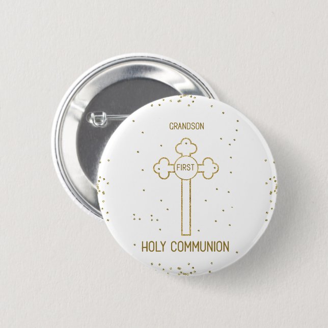 Grandson First Holy Communion Gold Look Cross 6 Cm Round Badge (Front & Back)