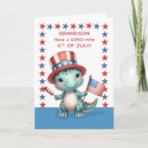 Grandson Fourth of July Cute Dinosaur Hat Flag Card