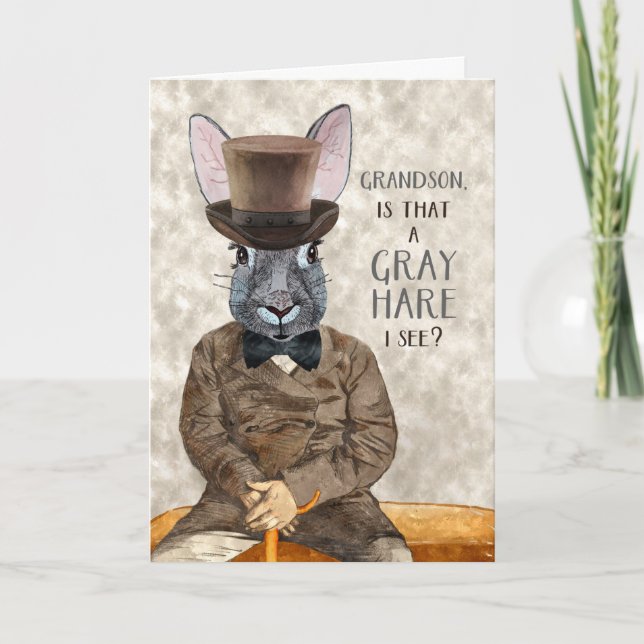 Grandson Funny Birthday Hipster Rabbit Grey Hare Card (Front)